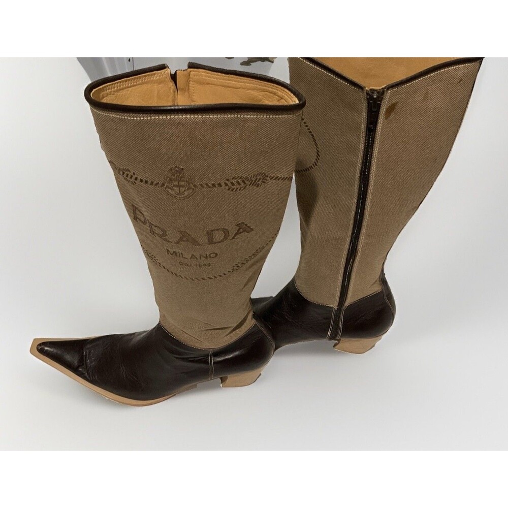 Prada Two-Tone Brown and Beige Pointed-Toe Knee Boots - Picture 3 of 10